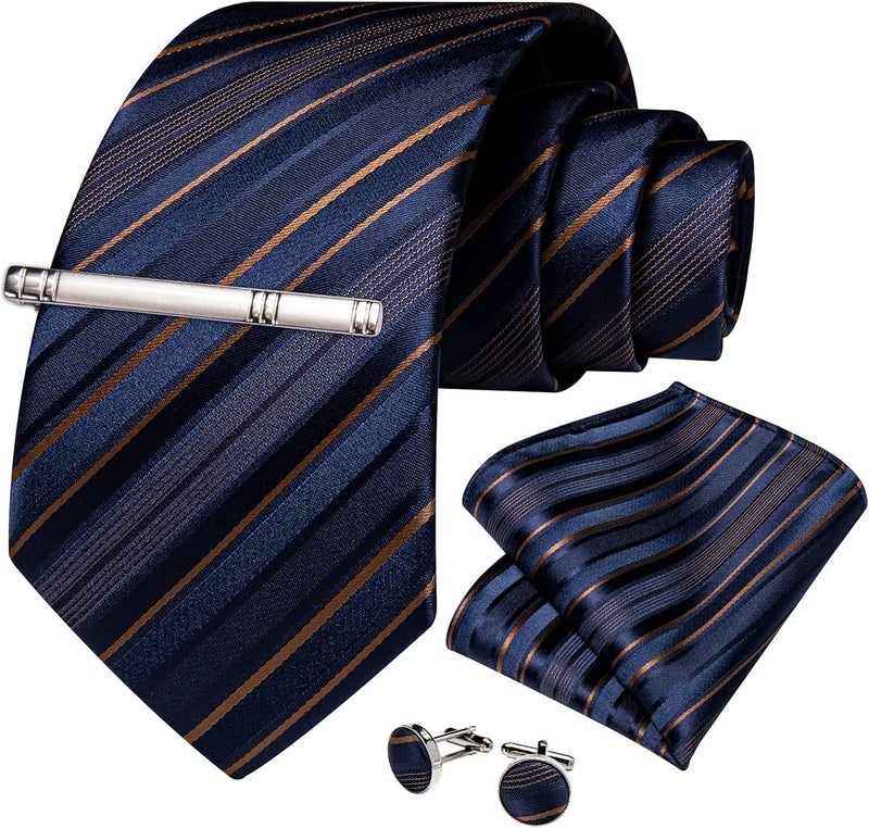 DiBanGu Mens Striped Tie Silk Woven Necktie and Pocket Square Cufflinks Tie Clip Set Wedding Business Formal Gift Tie for Men - Image 3